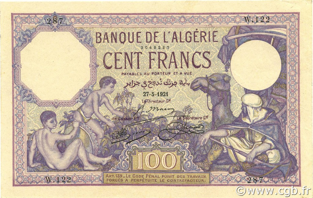 100 Francs ALGERIA  1921 P.081s UNC-