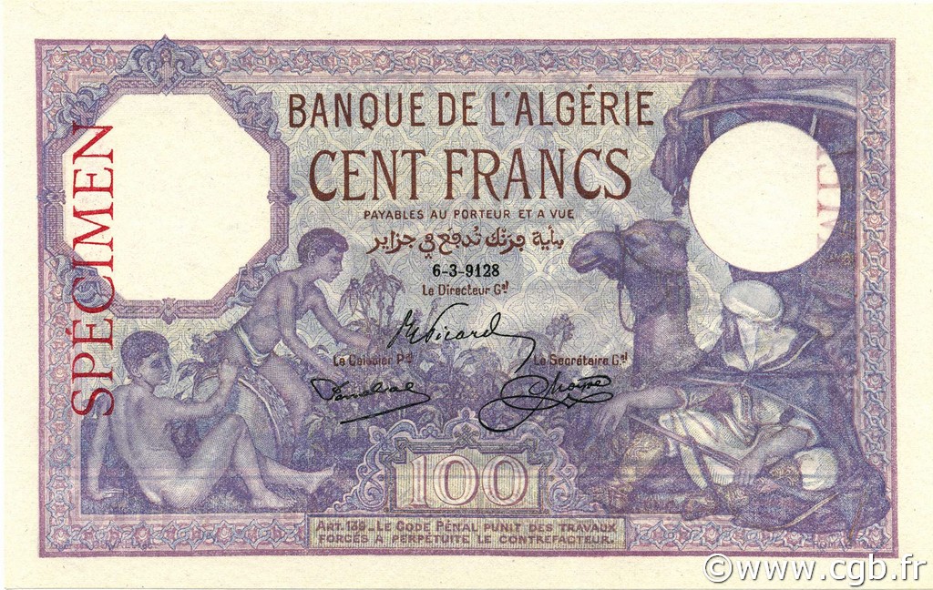 100 Francs Spécimen ARGELIA  1928 P.081s SC+