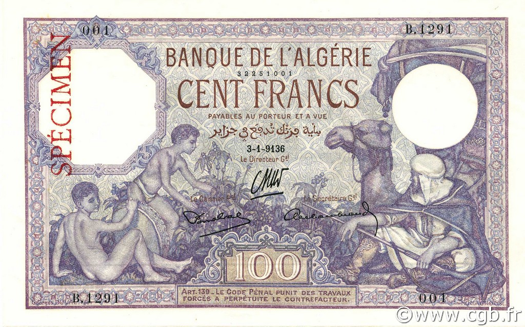 100 Francs ALGERIA  1936 P.081s q.FDC