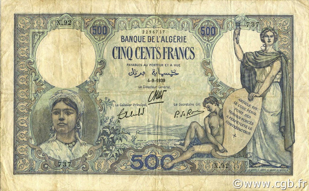 500 Francs ALGERIA  1939 P.082 q.BB