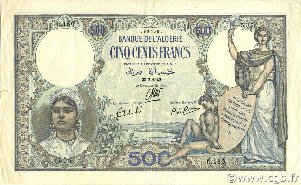 500 Francs ALGERIA  1942 P.082 VF+