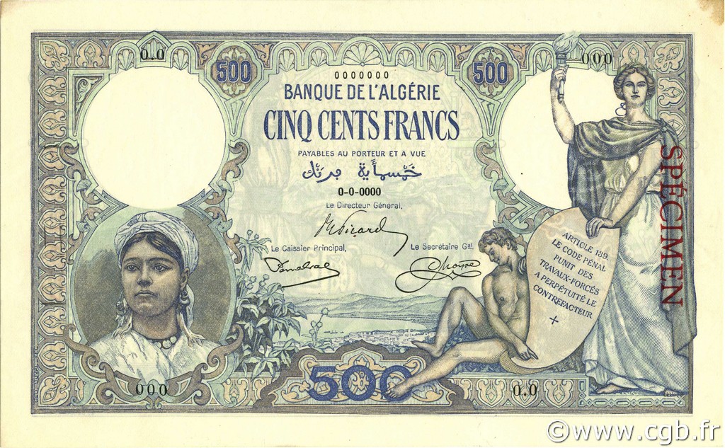 500 Francs ALGERIA  1926 P.082s AU