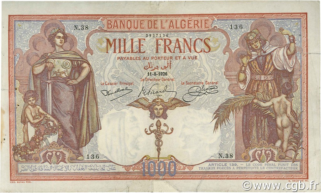 1000 Francs ALGERIA  1926 P.083a MB a BB
