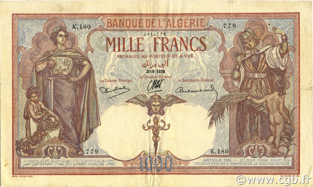 1000 Francs ALGERIA  1938 P.083a VF