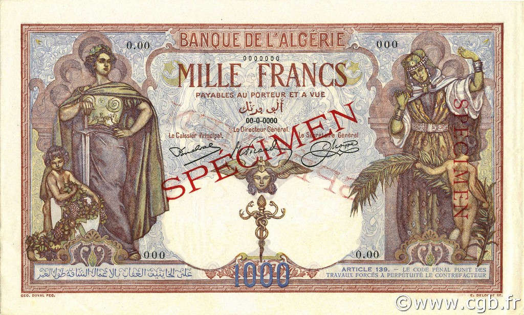 1000 Francs ALGÉRIE  1926 P.083s SPL