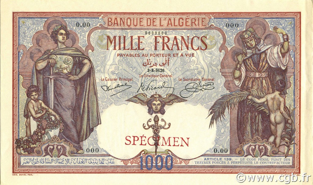 1000 Francs ALGERIA  1926 P.083s AU