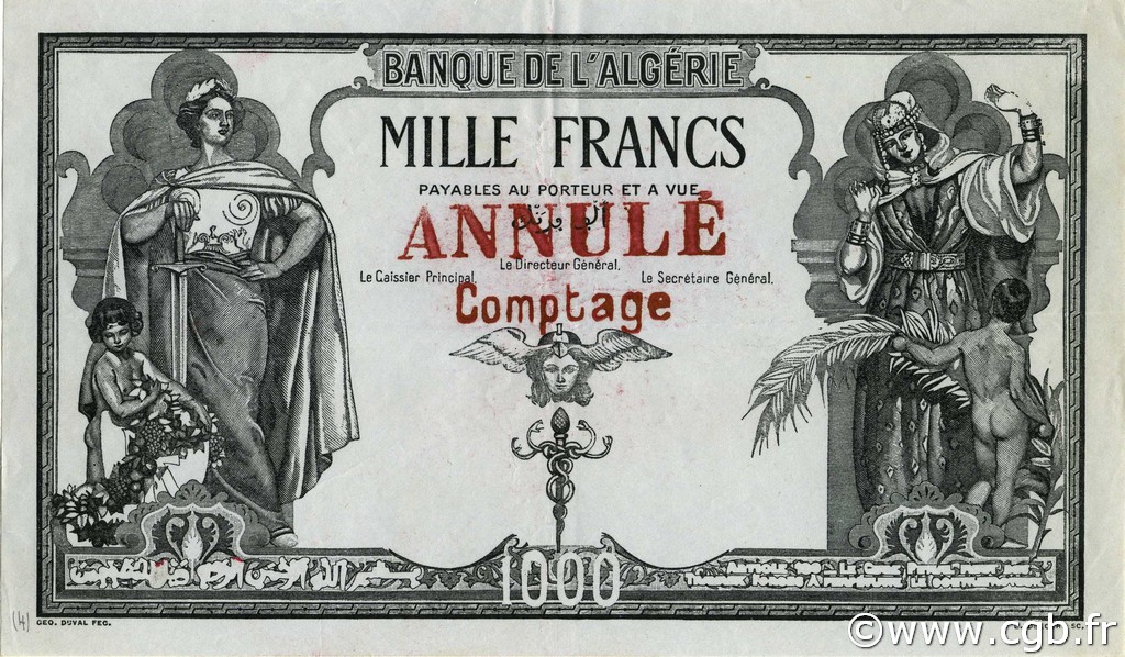 1000 Francs Essai ALGERIA  1926 P.083s XF