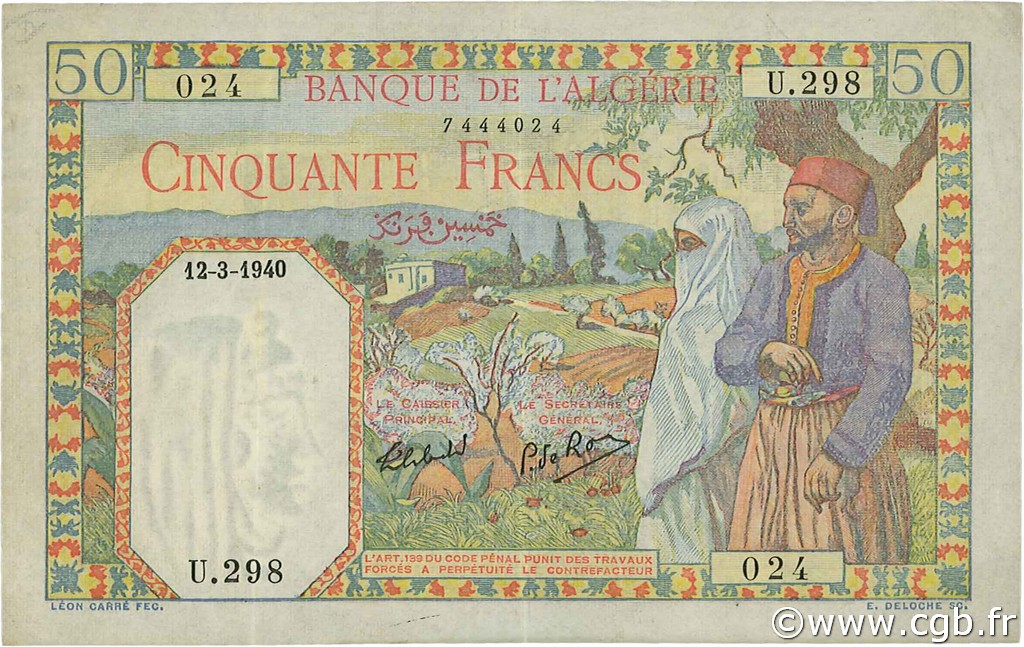 50 Francs ALGERIA  1940 P.084 q.SPL