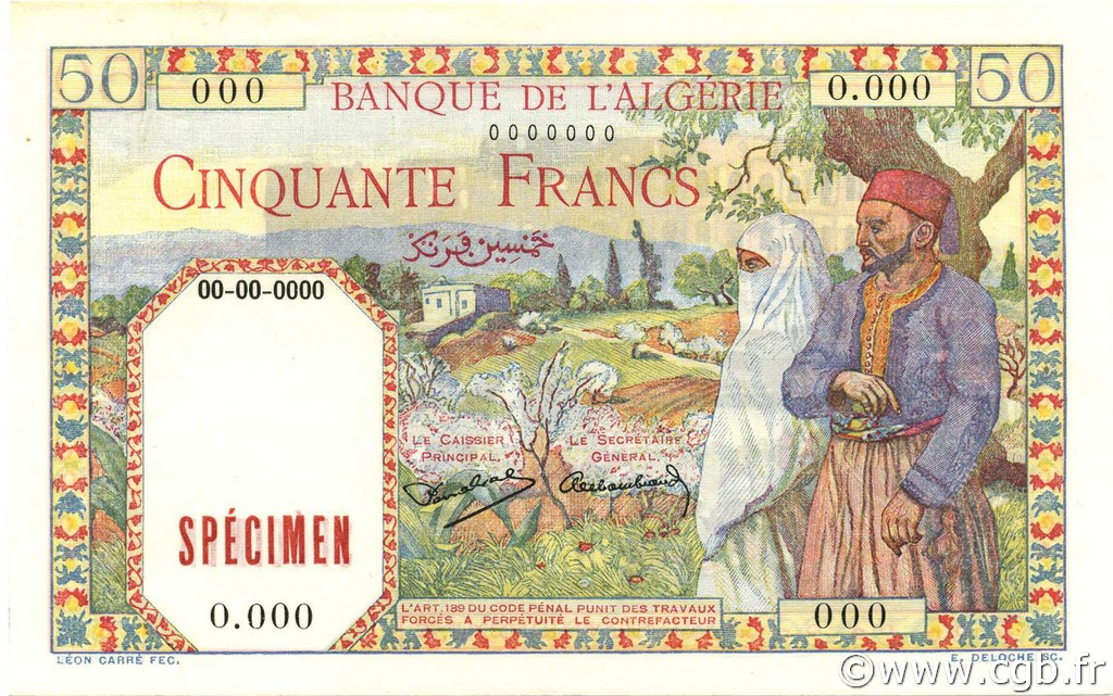 50 Francs ALGERIA  1938 P.084s UNC-