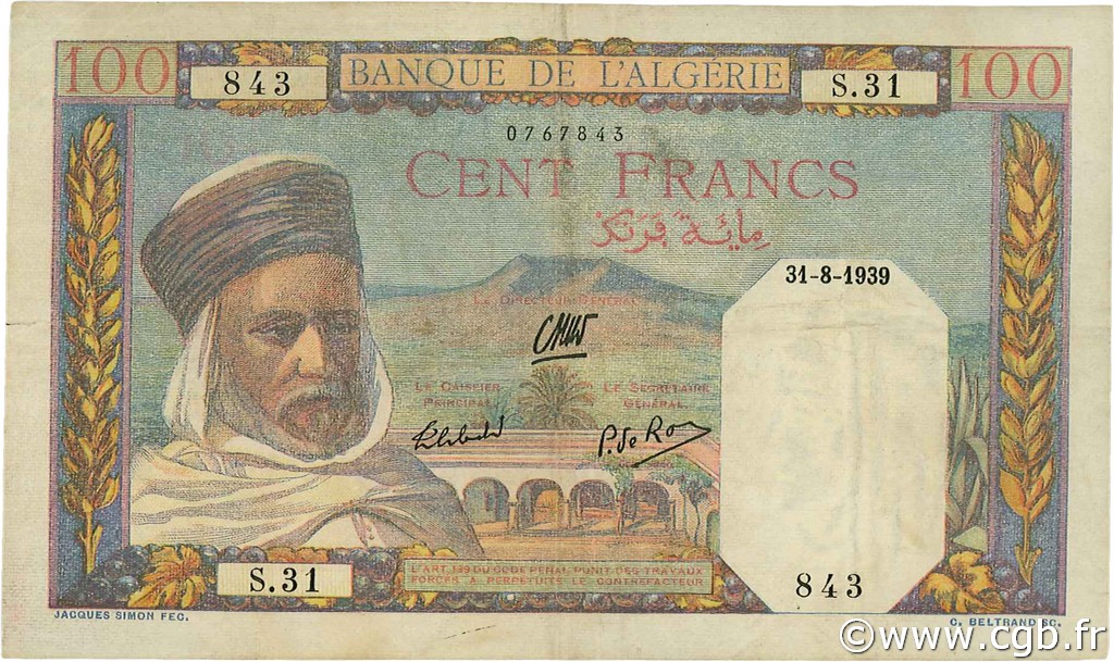 100 Francs ALGERIEN  1939 P.085a fVZ