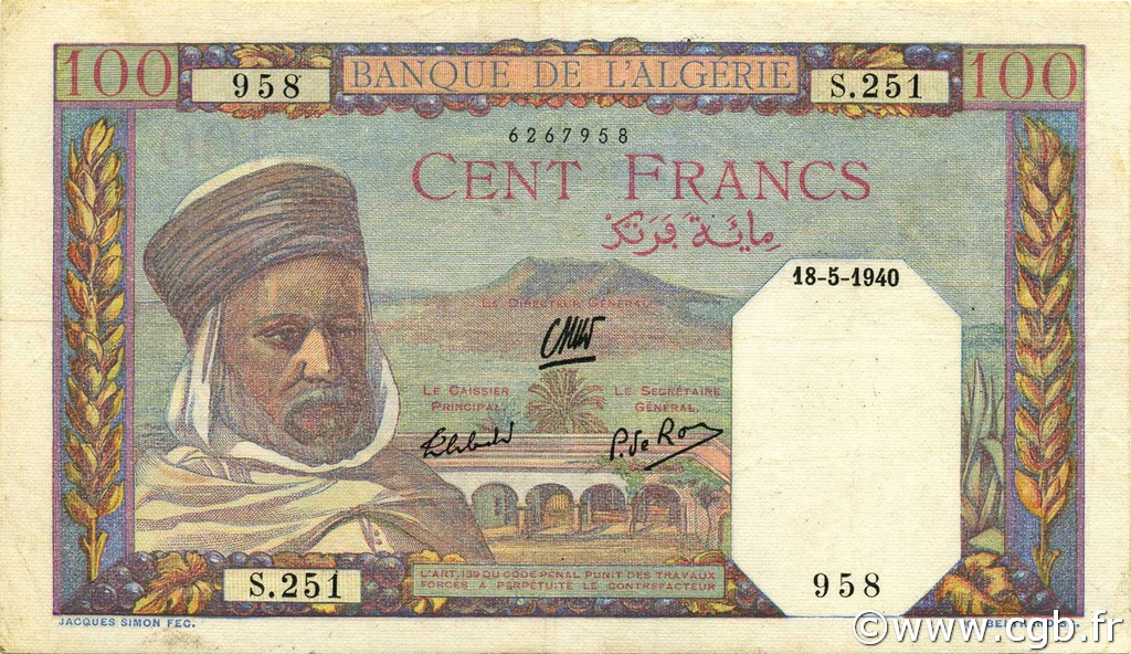 100 Francs ALGERIEN  1940 P.085a fVZ