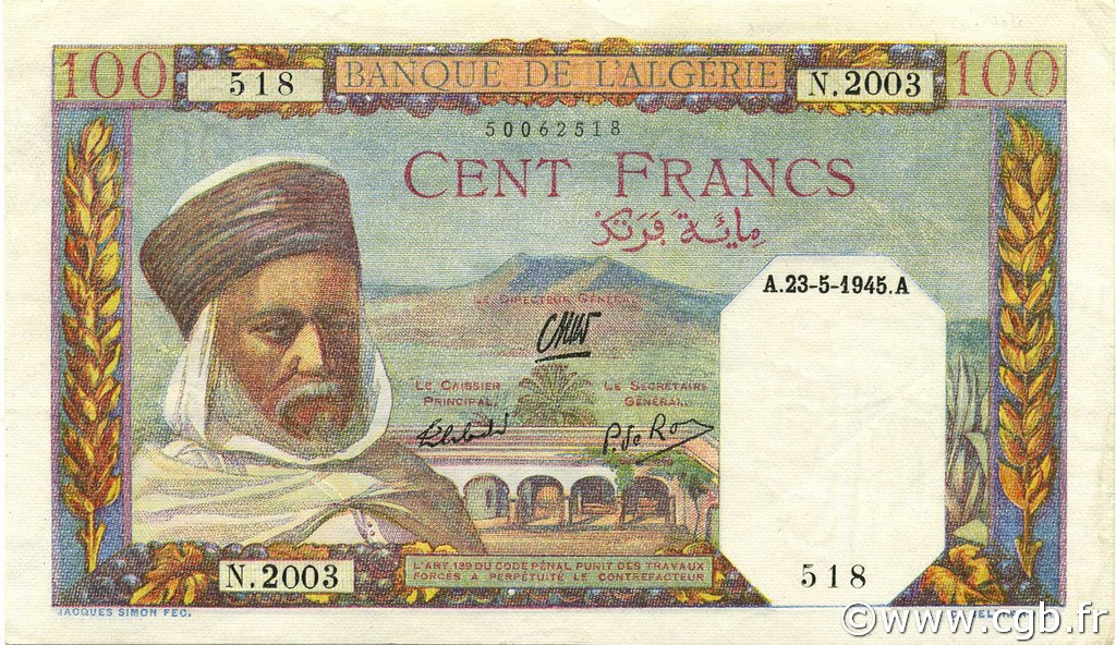 100 Francs ARGELIA  1945 P.085a EBC