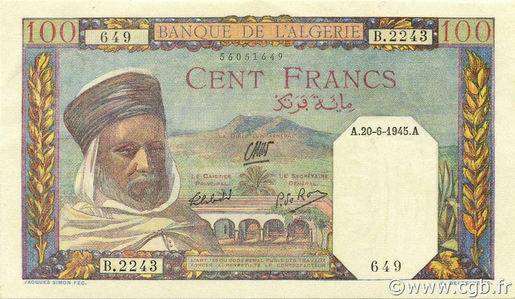 100 Francs ALGERIA  1945 P.085a XF
