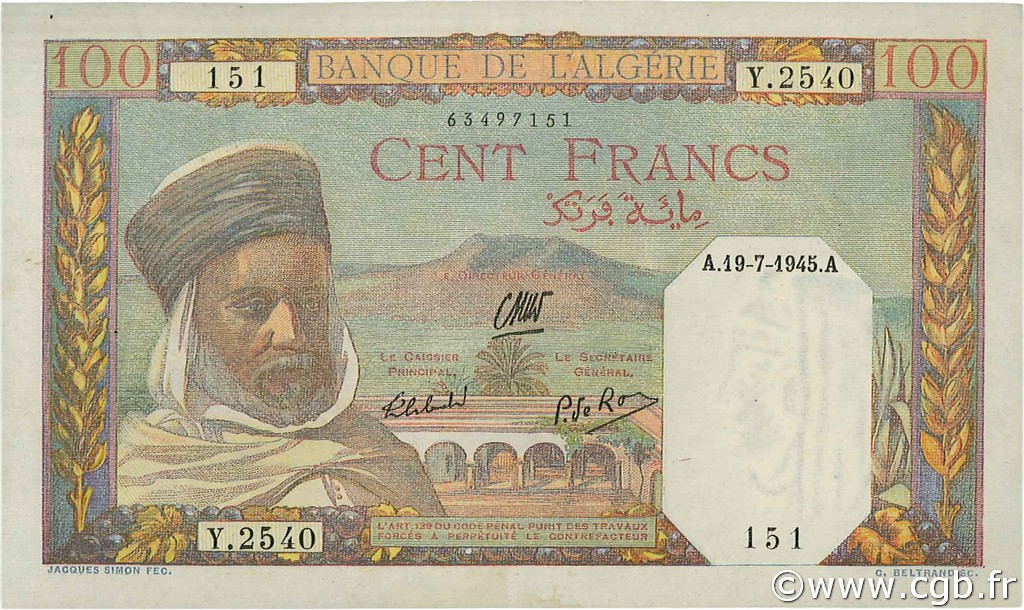 100 Francs ALGÉRIE  1945 P.085a SUP