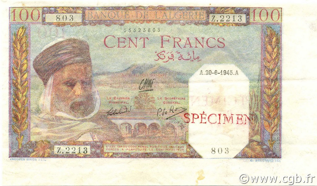 100 Francs Spécimen ALGERIA  1938 P.085s XF