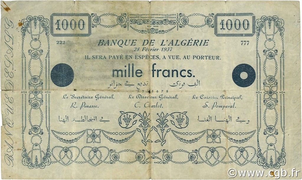 1000 Francs ARGELIA  1937 P.-- BC+