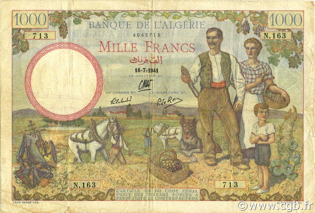 1000 Francs ALGERIA  1941 P.086 q.BB