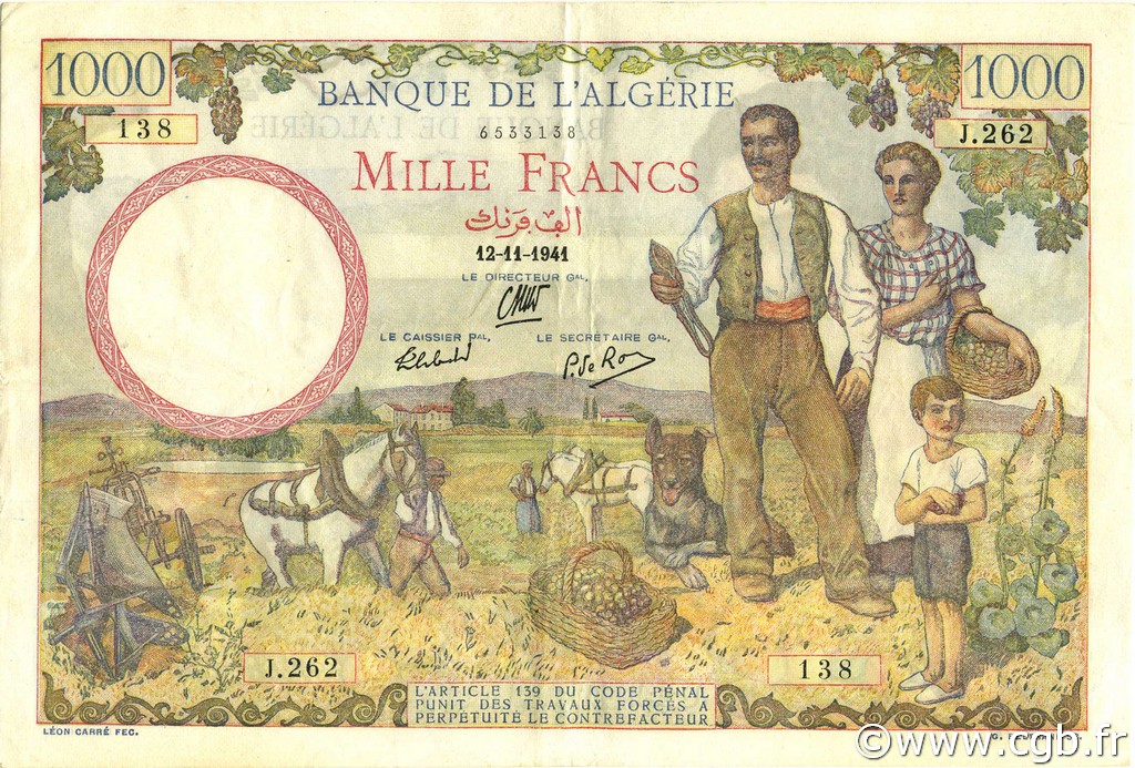1000 Francs ALGERIEN  1941 P.086 fVZ