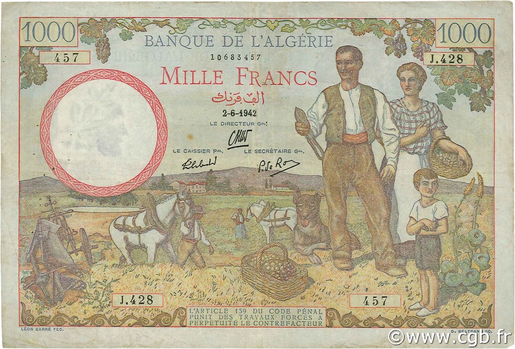 1000 Francs ARGELIA  1942 P.086 MBC