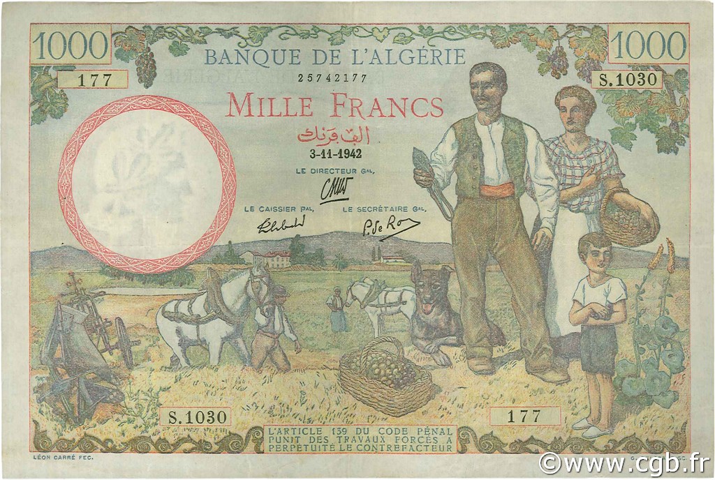 1000 Francs ALGERIA  1942 P.086 q.SPL