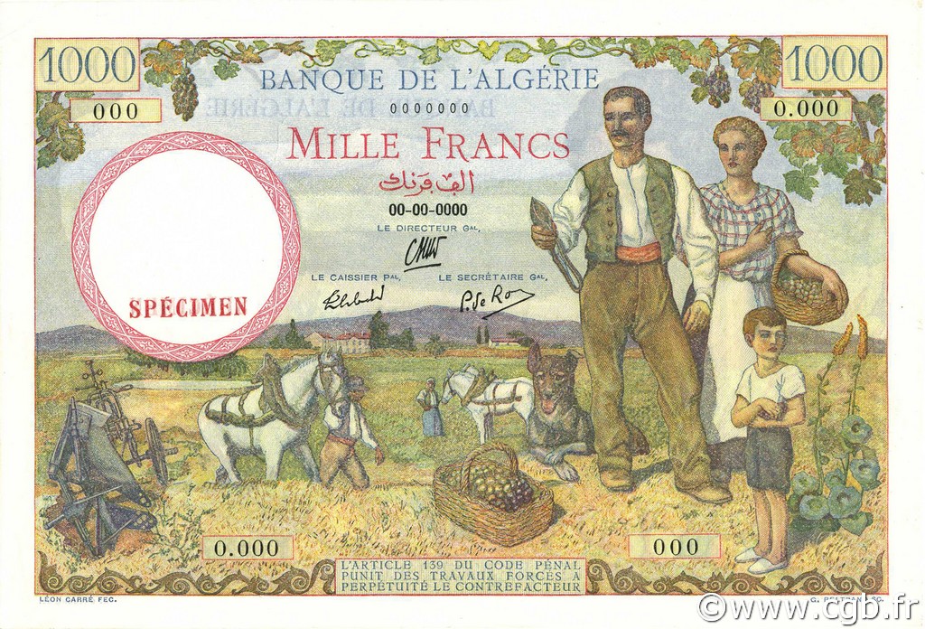 1000 Francs ALGERIA  1940 P.086s AU+