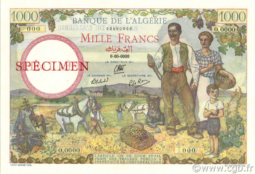 1000 Francs ARGELIA  1940 P.086s FDC
