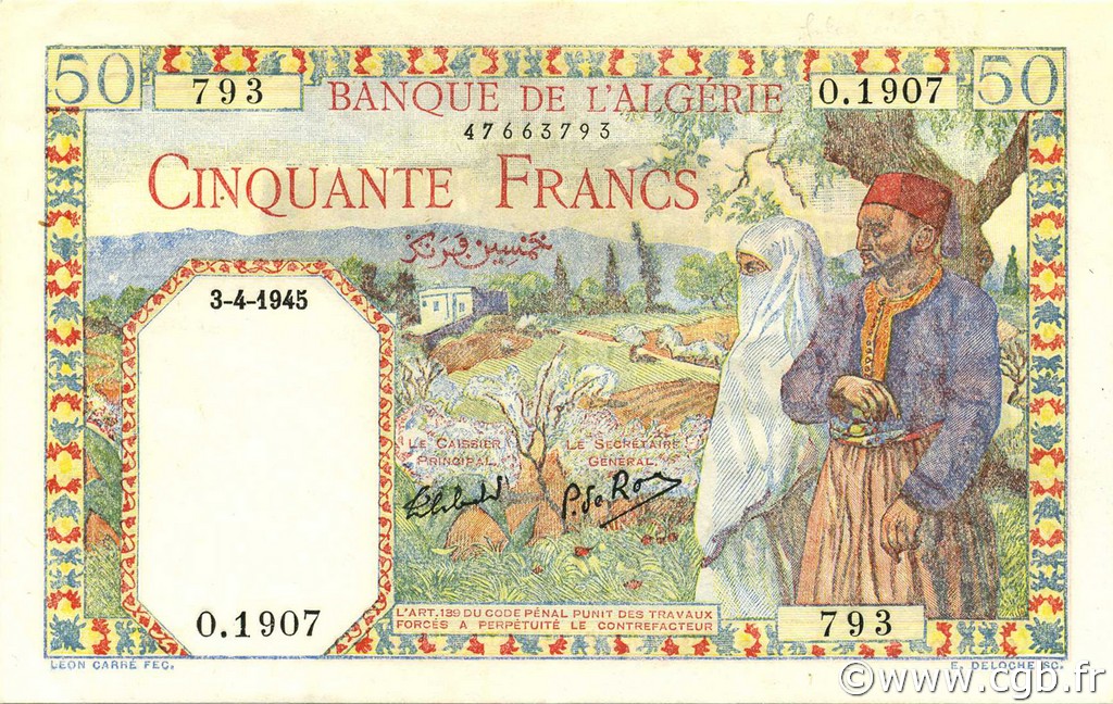50 Francs ALGERIA  1945 P.087 AU