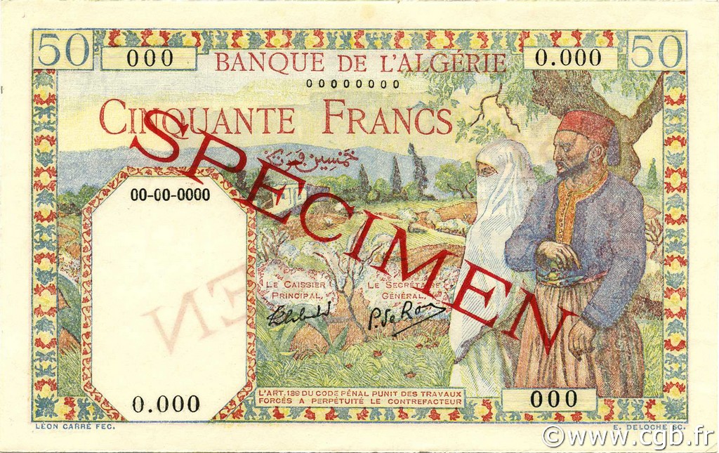 50 Francs ALGERIA  1942 P.087s UNC-
