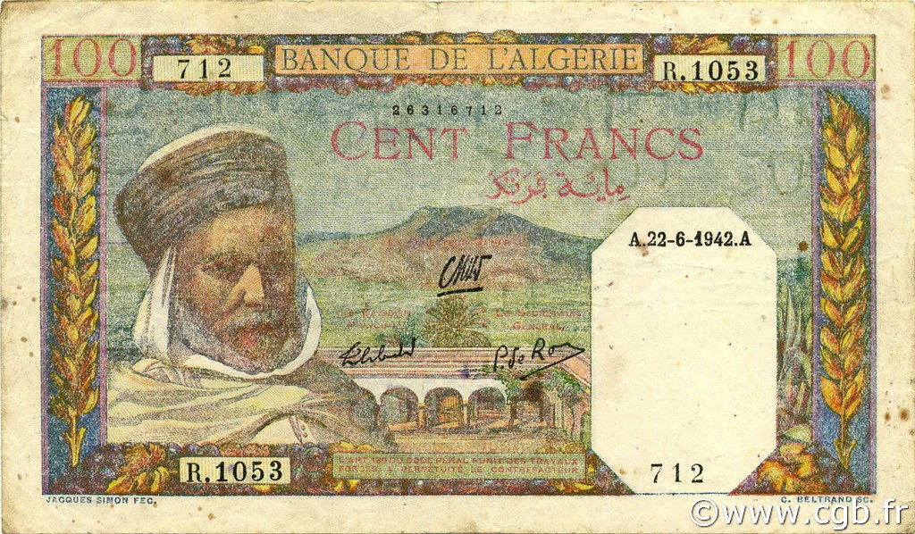 100 Francs ALGERIA  1942 P.088 BB