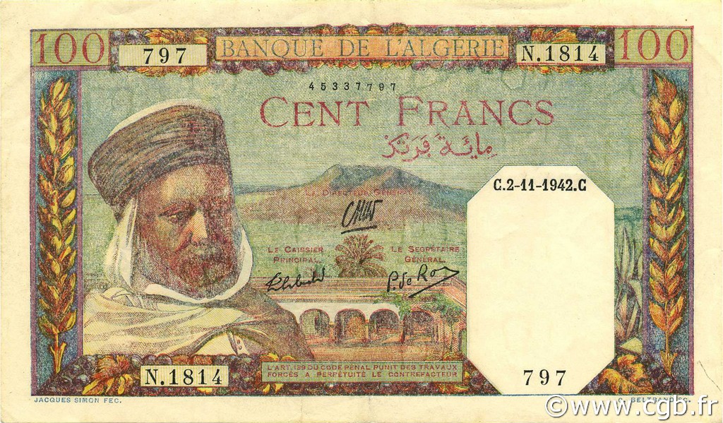 100 Francs ARGELIA  1942 P.088 EBC