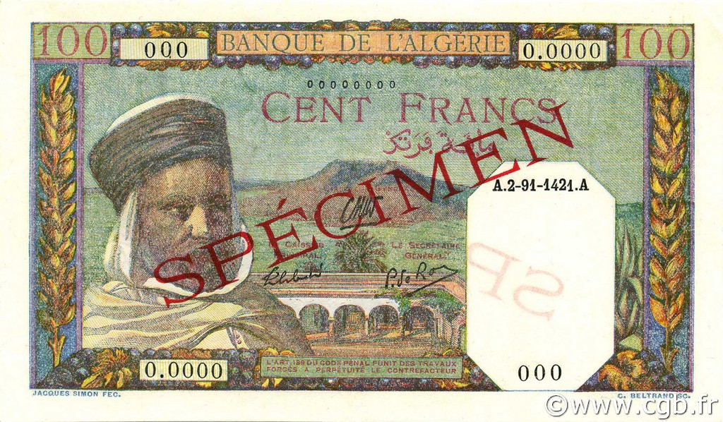 100 Francs ALGERIA  1941 P.088s UNC-