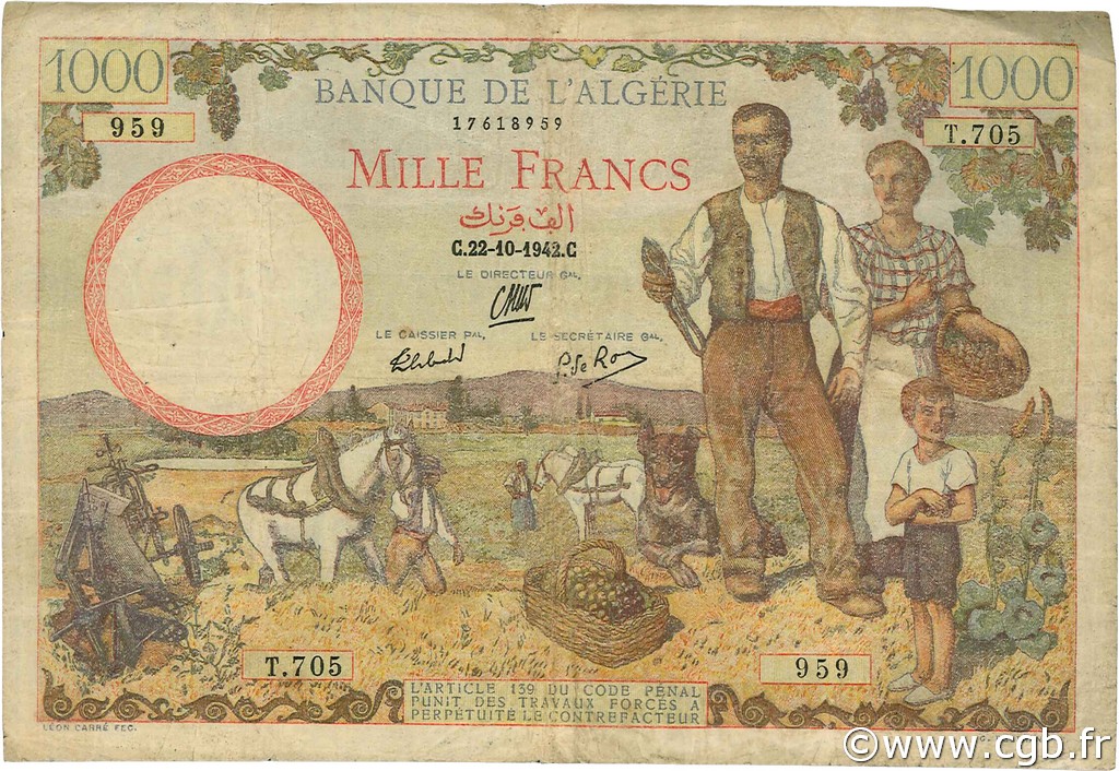 1000 Francs ARGELIA  1942 P.089 BC