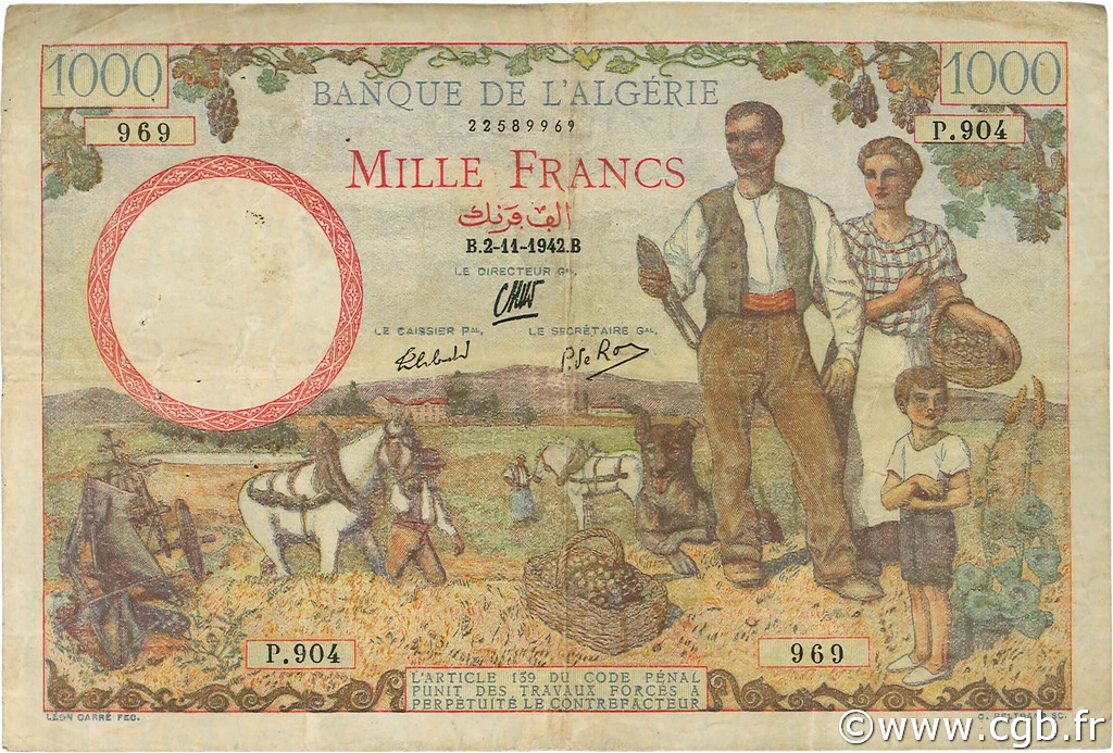 1000 Francs ALGÉRIE  1942 P.089 TB+