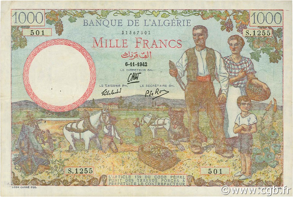1000 Francs ALGERIEN  1942 P.089 SS