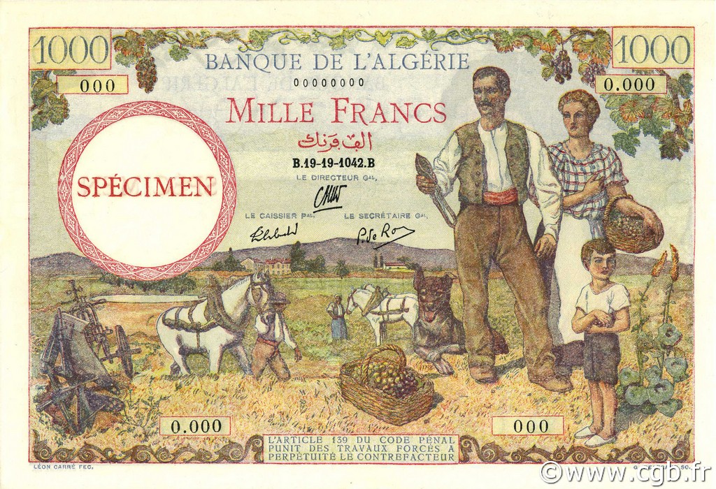 1000 Francs ALGERIA  1942 P.089s UNC