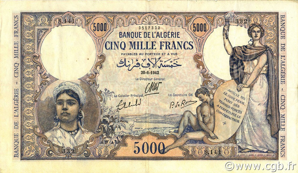5000 Francs ALGERIA  1942 P.090a VF