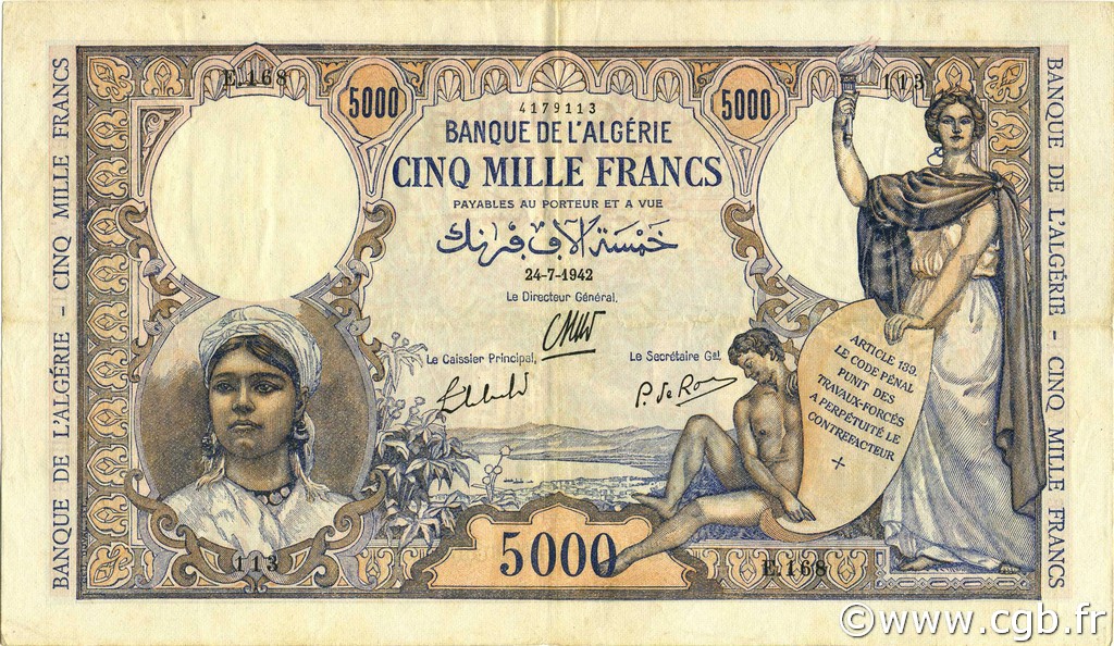 5000 Francs ALGERIA  1942 P.090a q.SPL