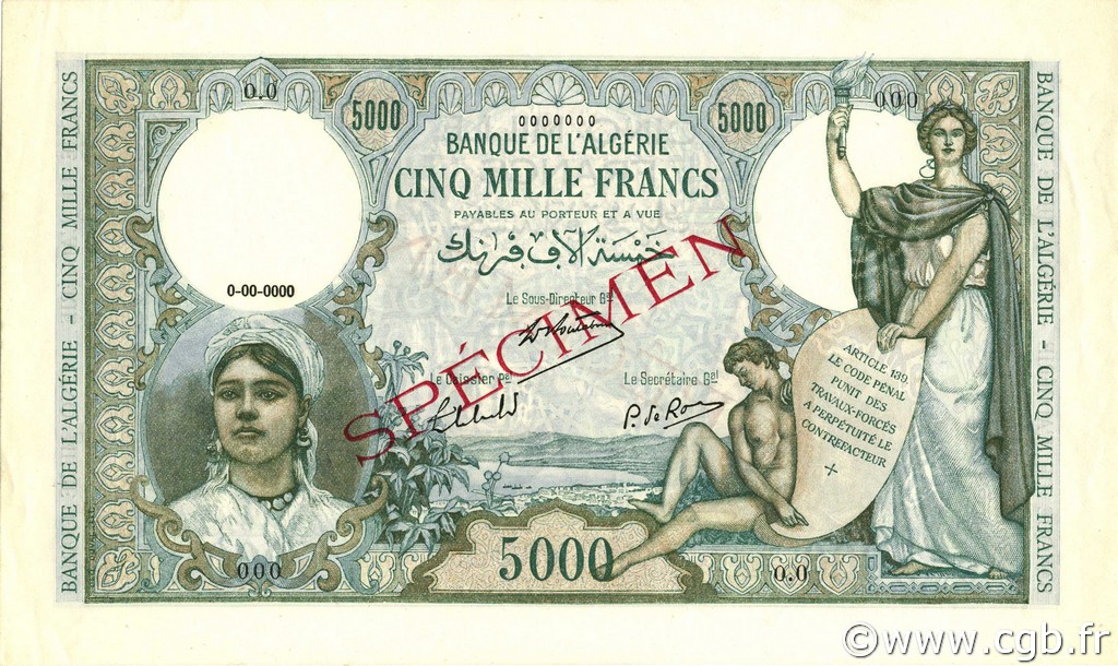 5000 Francs ALGERIEN  1942 P.090s fST+