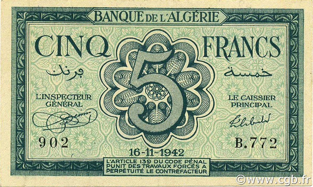 5 Francs ARGELIA  1942 P.091 SC