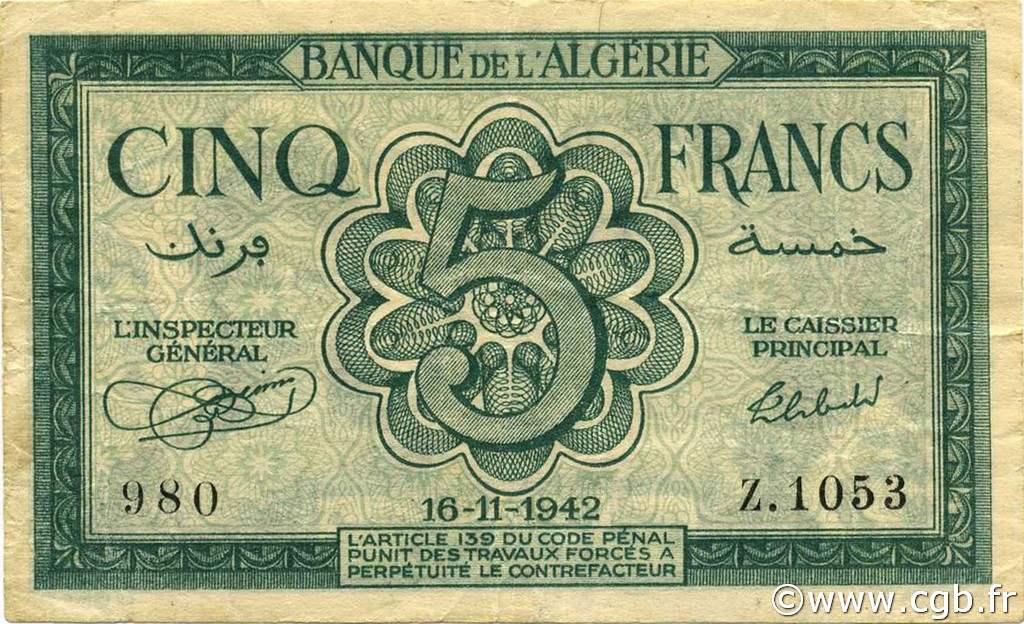 5 Francs ALGERIA  1942 P.091 BB