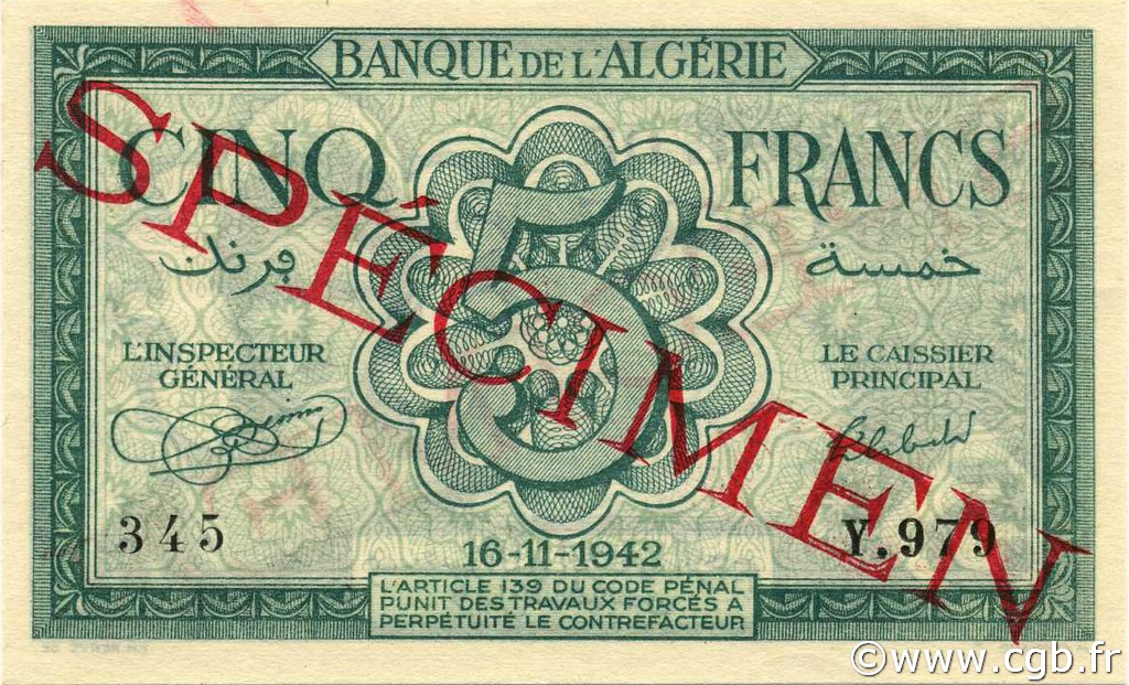 5 Francs Spécimen ALGÉRIE  1942 P.091s pr.NEUF