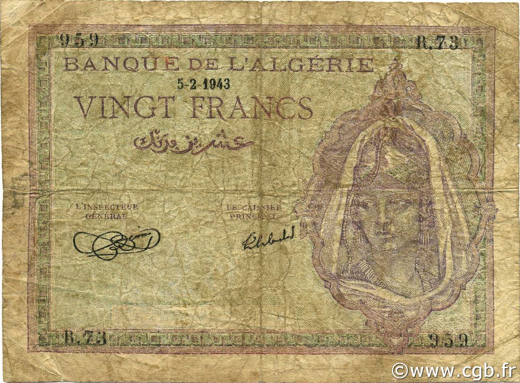 20 Francs ALGERIEN  1943 P.092a fS