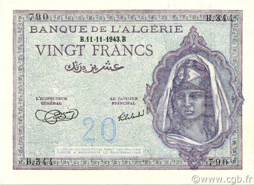 20 Francs ARGELIA  1943 P.092a SC