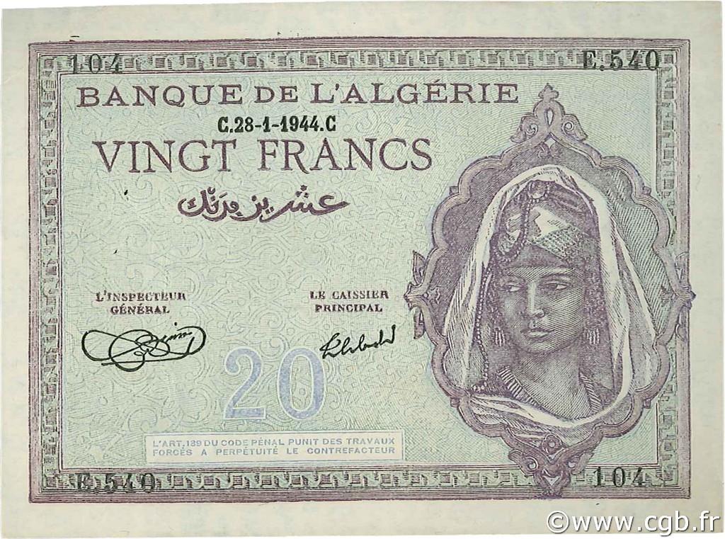 20 Francs ALGÉRIE  1944 P.092a SUP
