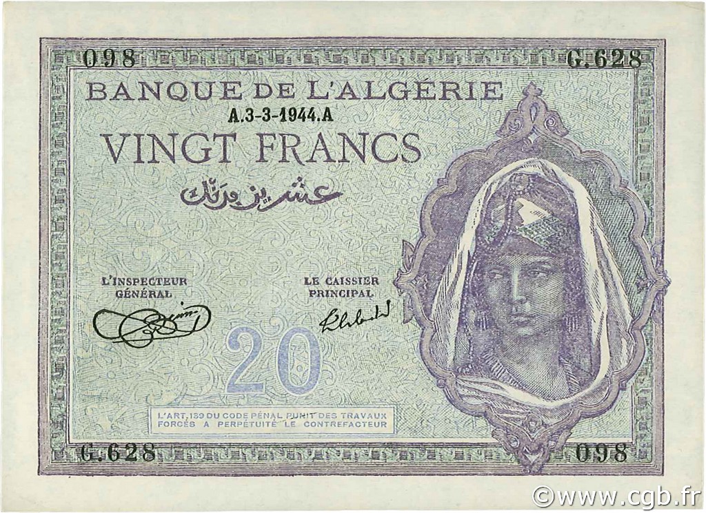 20 Francs ALGERIA  1944 P.092a q.FDC