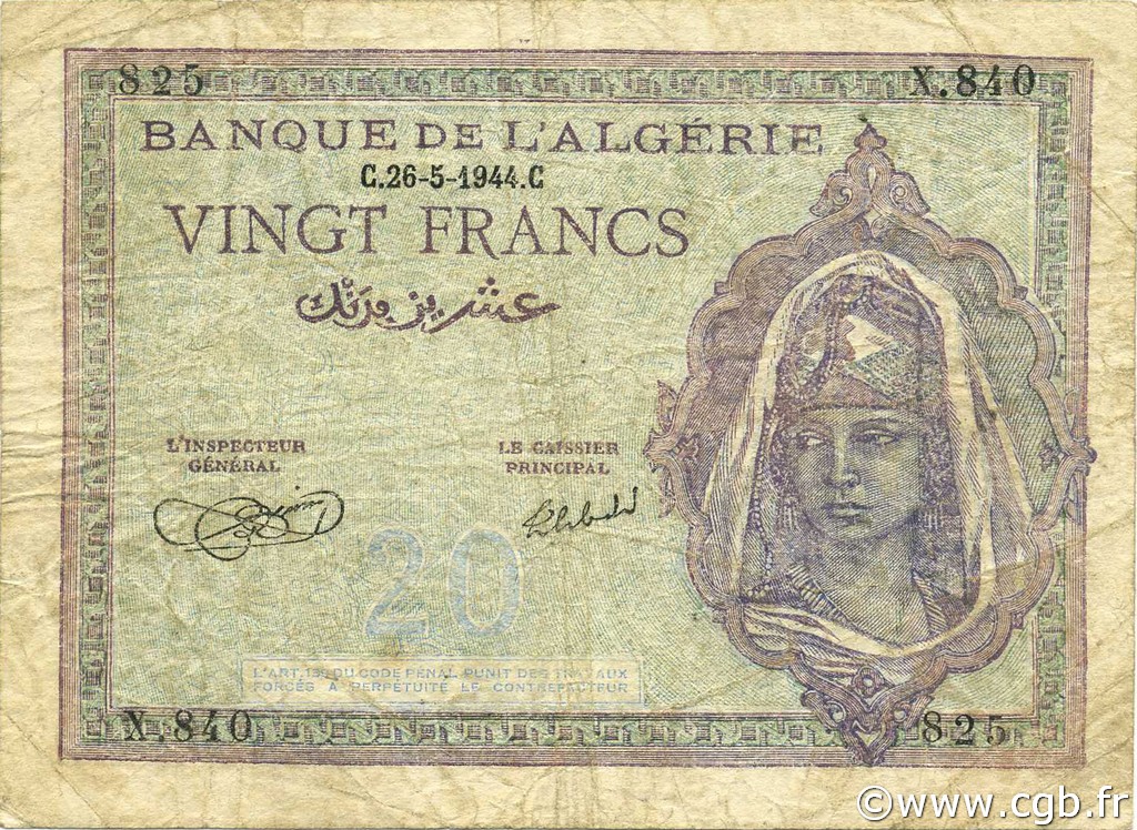 20 Francs ALGERIA  1944 P.092a MB