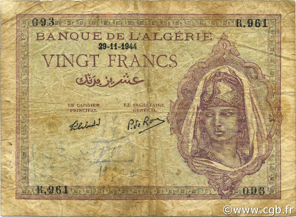 20 Francs ALGÉRIE  1944 P.092b B à TB