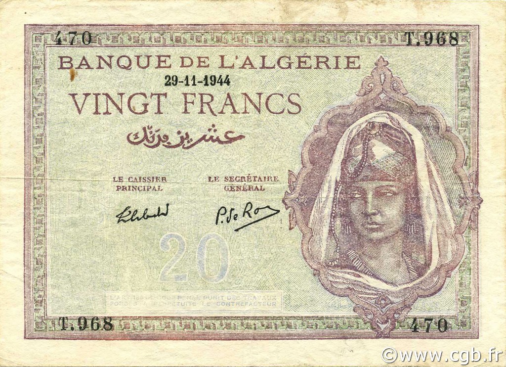 20 Francs ALGERIA  1944 P.092b VF