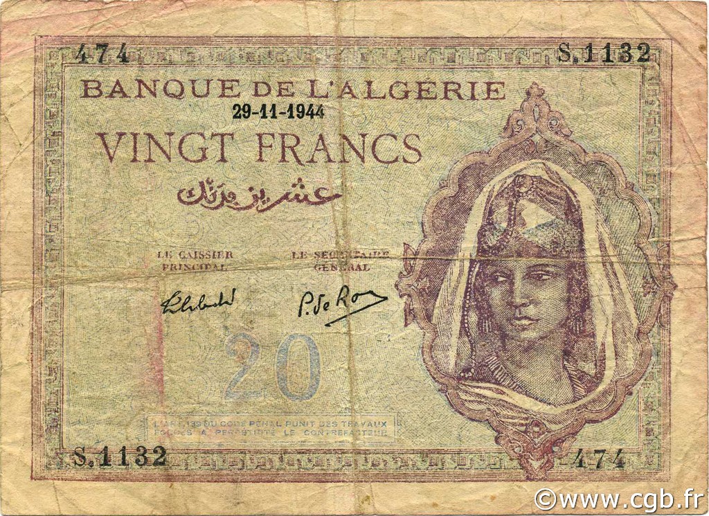 20 Francs ALGERIA  1944 P.092b MB