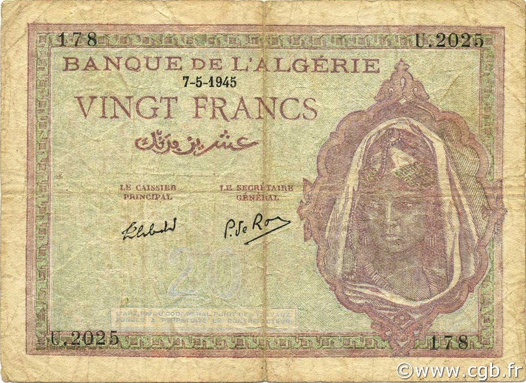 20 Francs ALGERIA  1945 P.092b F